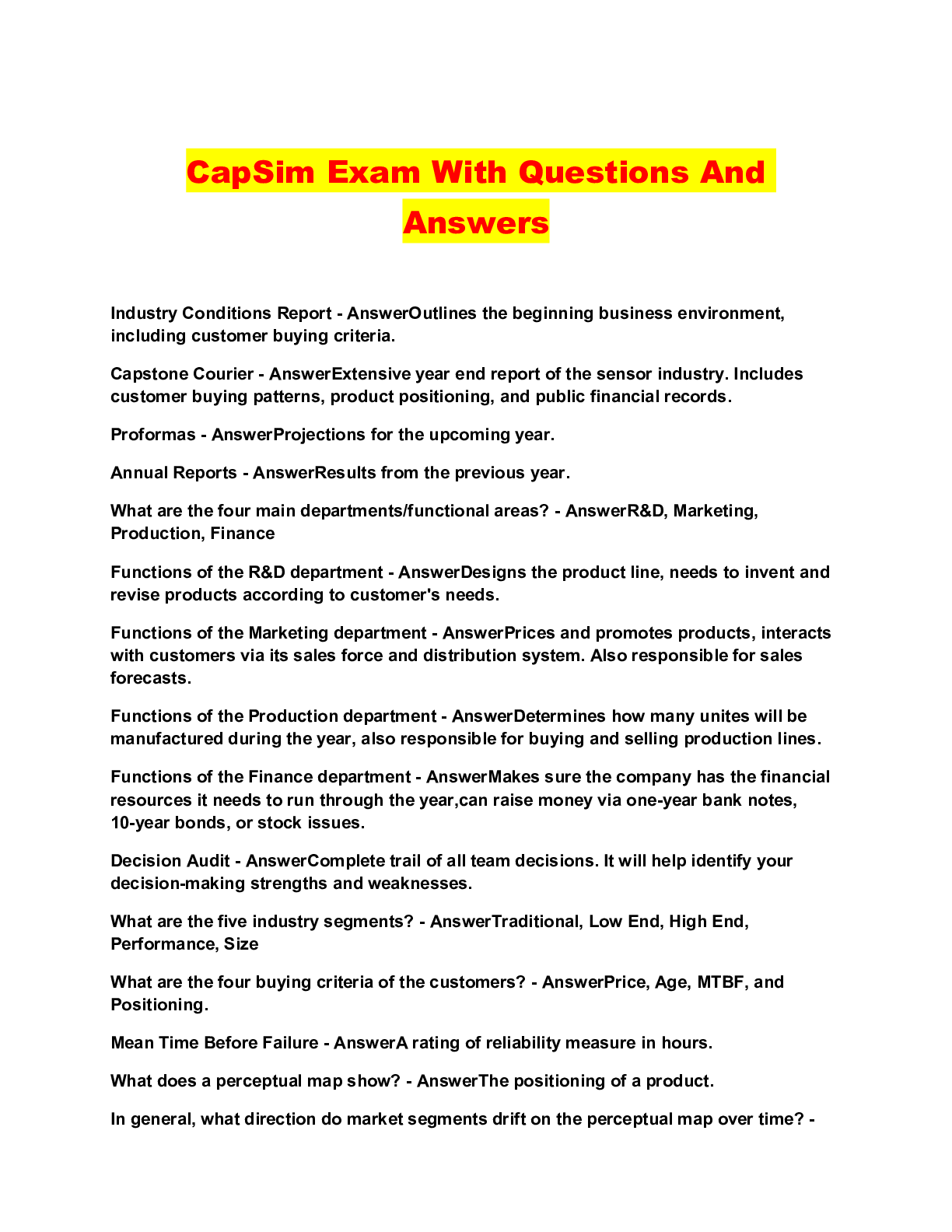 CapSim Exam With Questions And Answers - Browsegrades